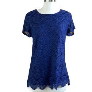 Laundry by Shelli Segal, Navy Lace Short Sleeve top scalloped edges woman size 6